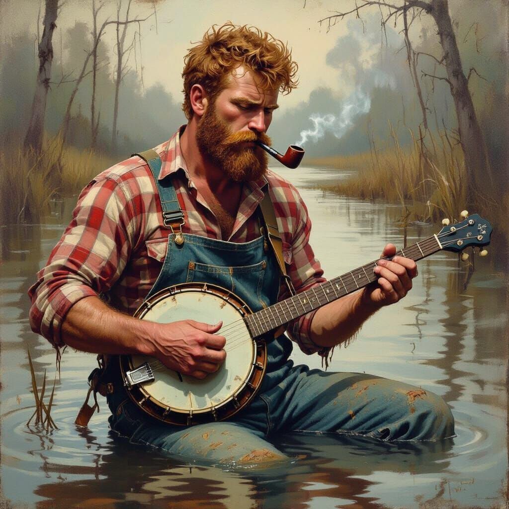 Hillbilly Banjo Player in Folk Art Style