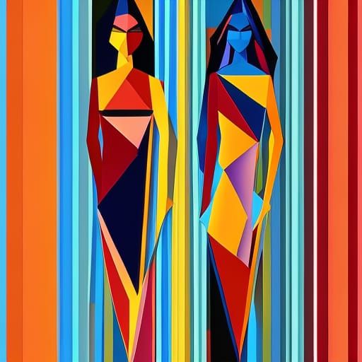Cubist Women Stroll on Boardwalk in Geometric Fauvism Style