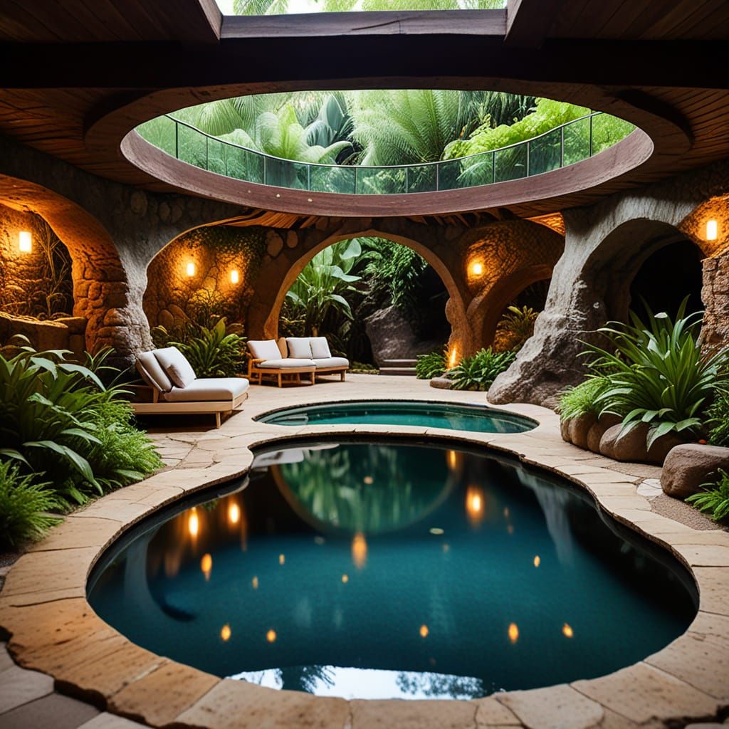 Organic Under-Ground Grotto Pool with Wooden Beams and Tropi...