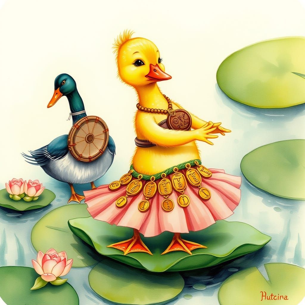 Duckling Belly Dancing on Lily Pad, Watercolor Style