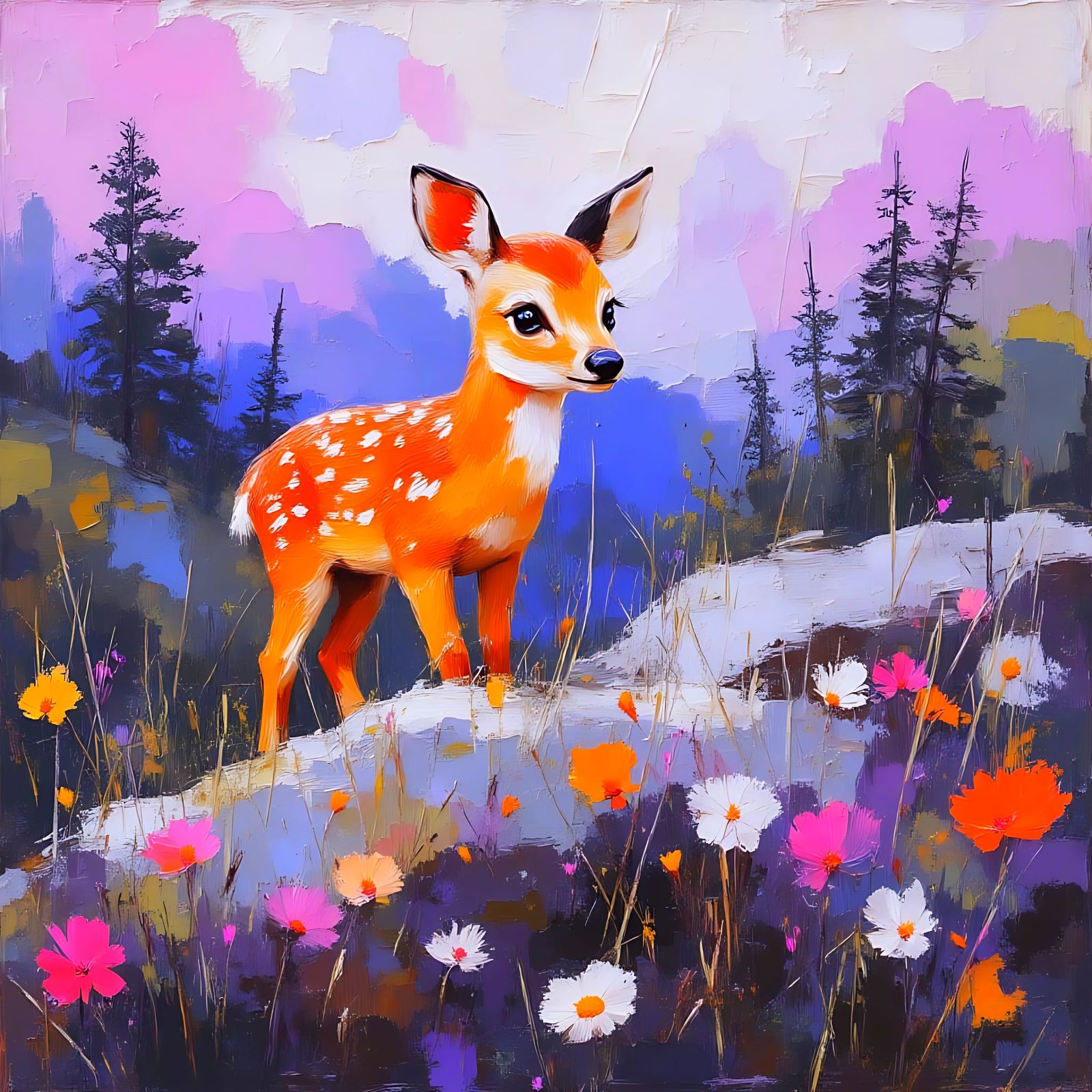 Cute Fawn Portrait with Impasto Texture