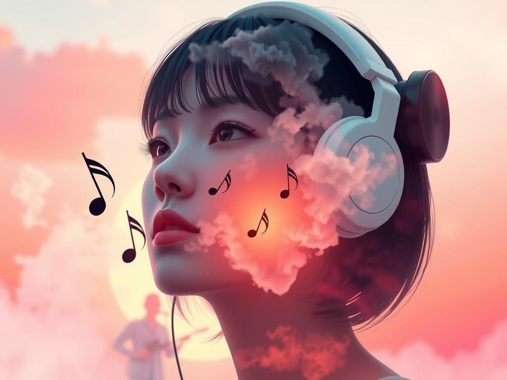Japanese Woman with Music Notes in Double Exposure