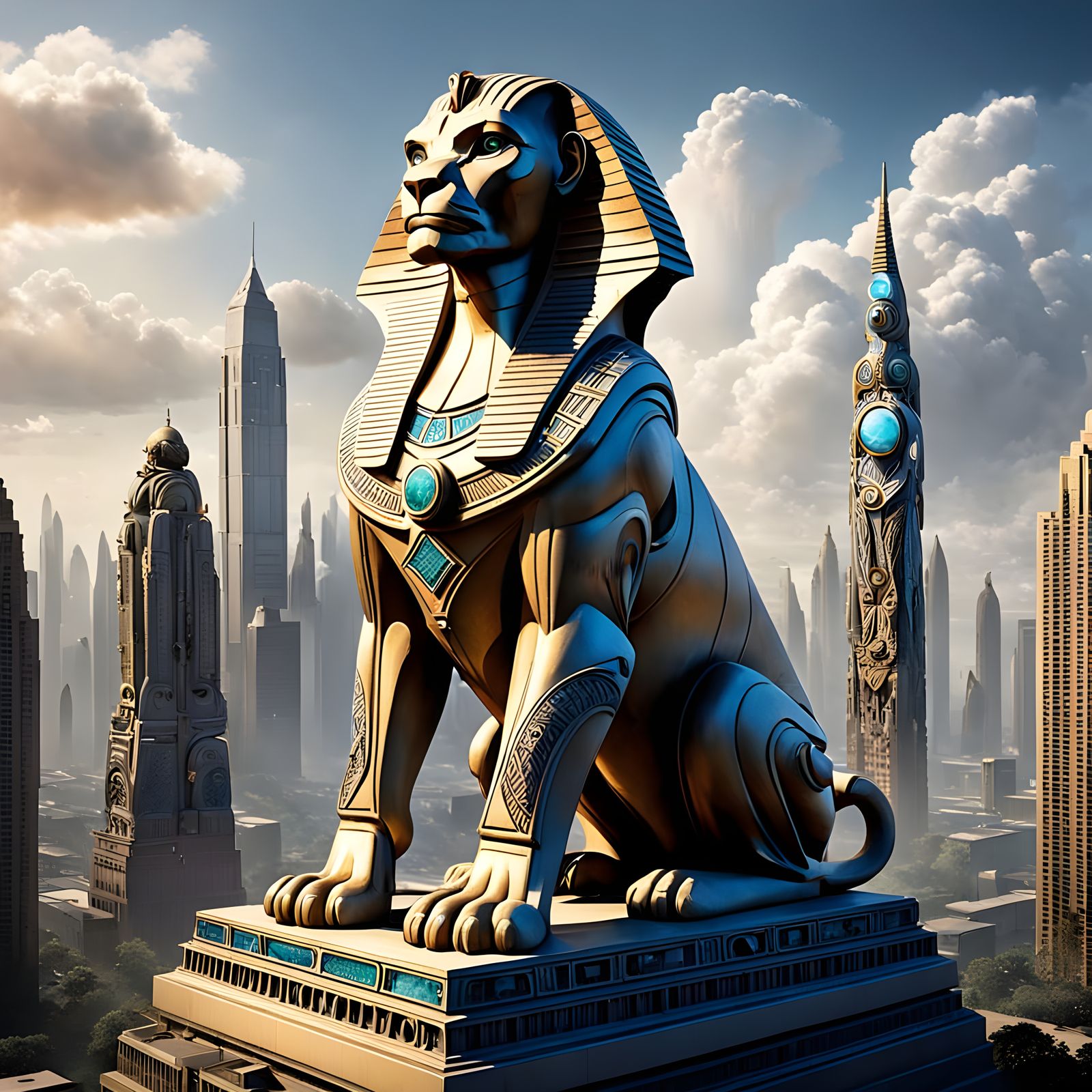 Futuristic Sphinx on Skyscraper in Hyperrealistic Style