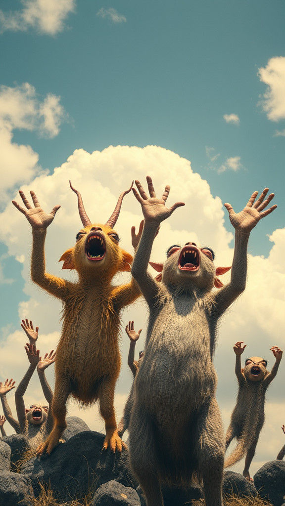 Surreal Creatures Reaching for Sky, Zany Manifestation