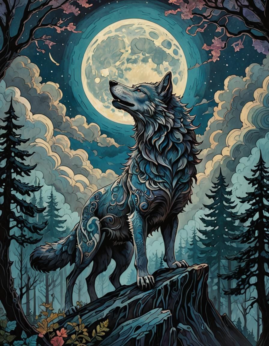 Wolf-Man Hybrid Howling at Moon in Art Nouveau Style