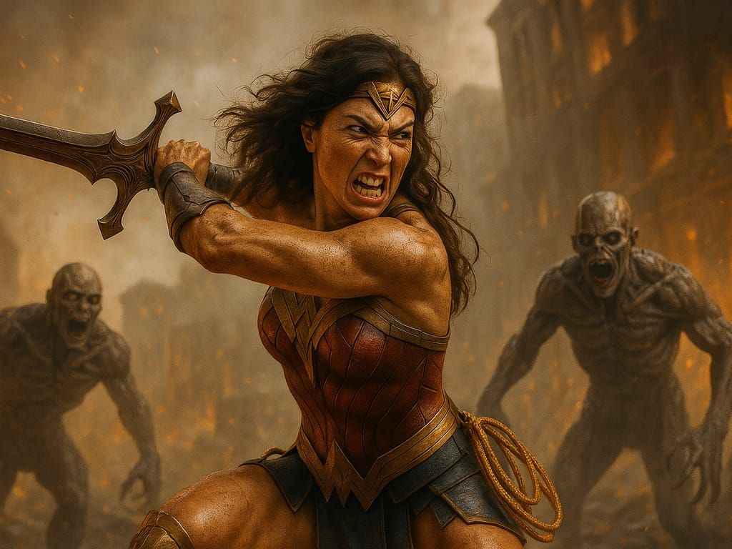 Wonder Woman in Burning City Battlefield