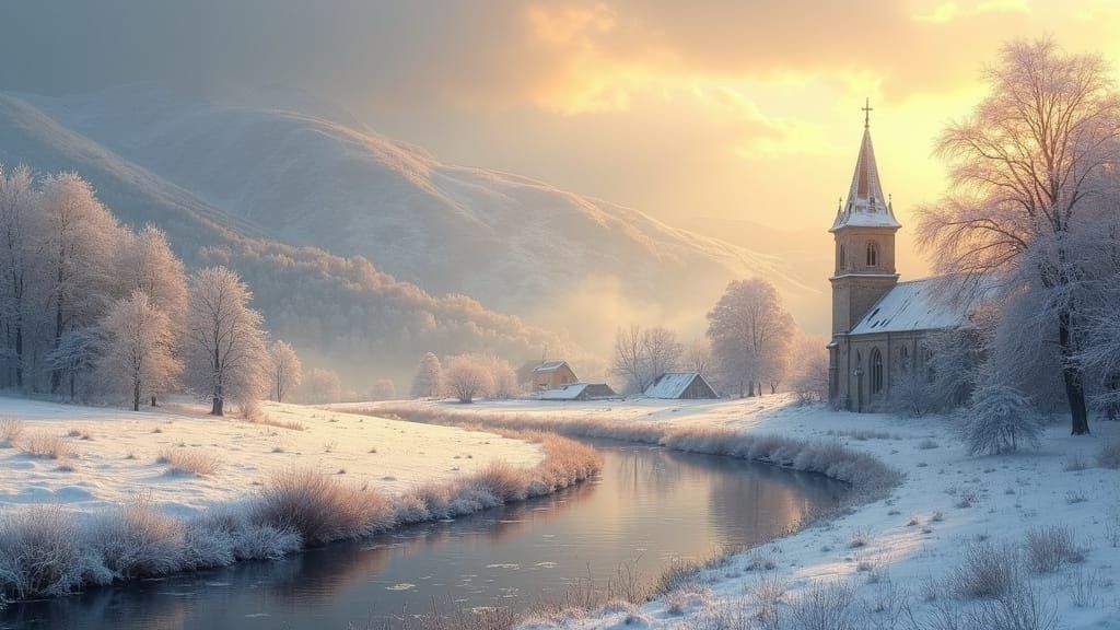 Peaceful Winter Church in Golden Hour Light