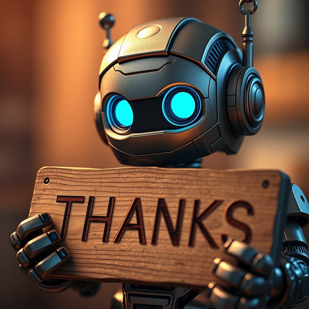 Cute Robot Holds "THANKS" Sign, Photorealistic Detail