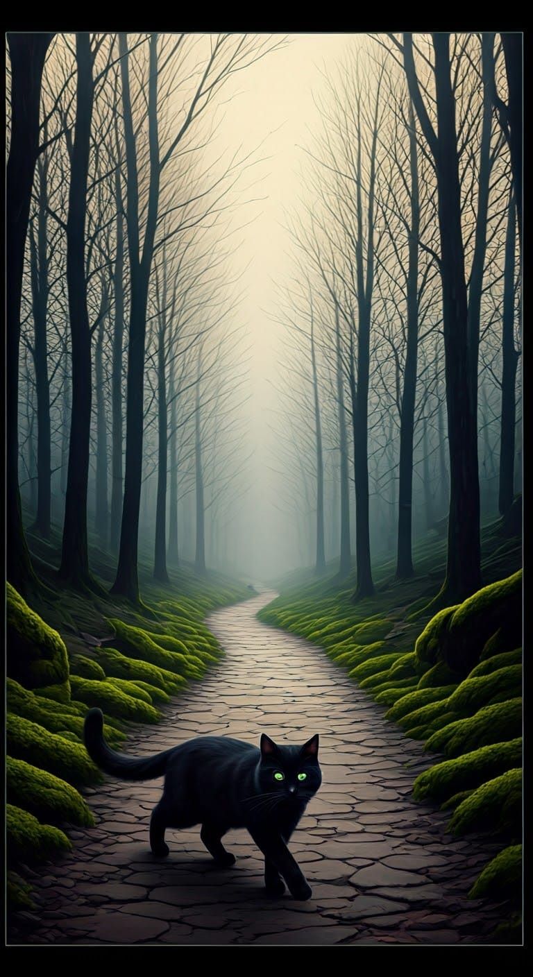 Mystical Black Cat in Eerie Forest