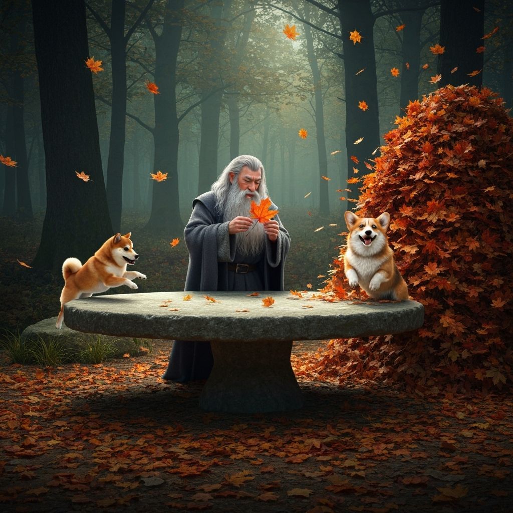 Gandalf Plays With Autumn Leaf in Hyperrealistic Forest