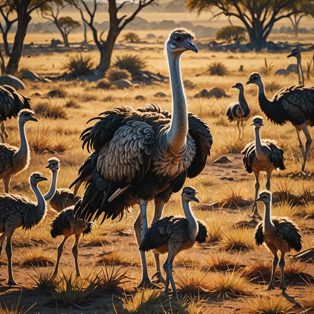 Ostrich Family Protected from Sun, Oil Painting Style