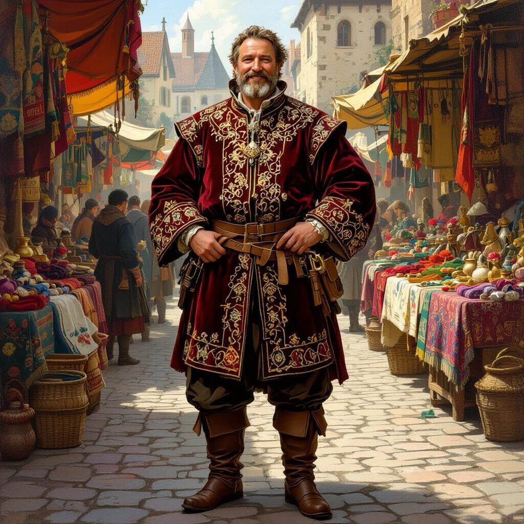 Medieval Merchant in Bustling Marketplace Oil Painting