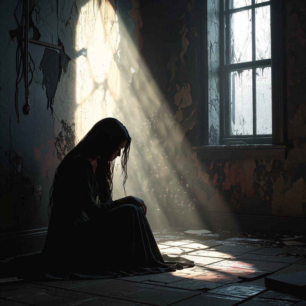 Sad Woman in Dimly Lit Room with Sunlight