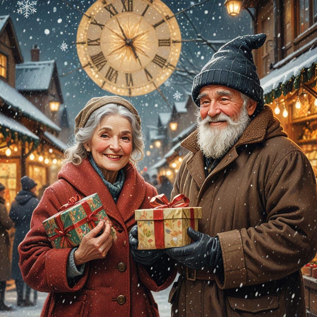 Vintage Winter Christmas Figures in a Snowy Market Scene