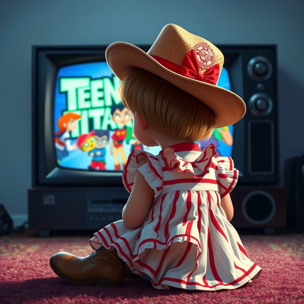 Child Cowboy Watching Cartoons: Photorealistic Digital Art