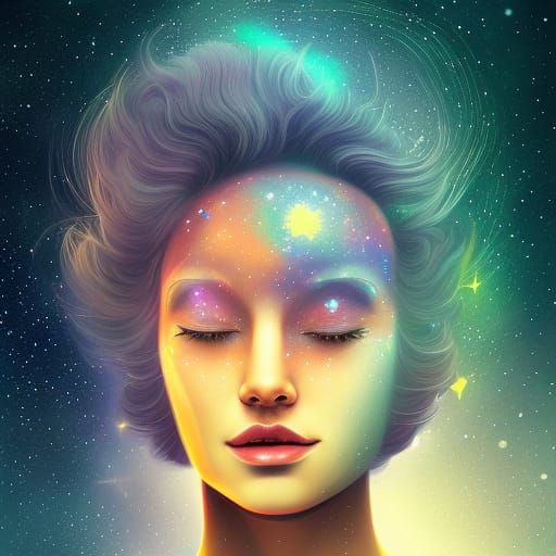 Cosmic Portrait: Woman with Galaxy Brain