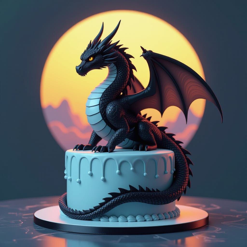 Light Blue Cake with Majestic Black and White Dragon