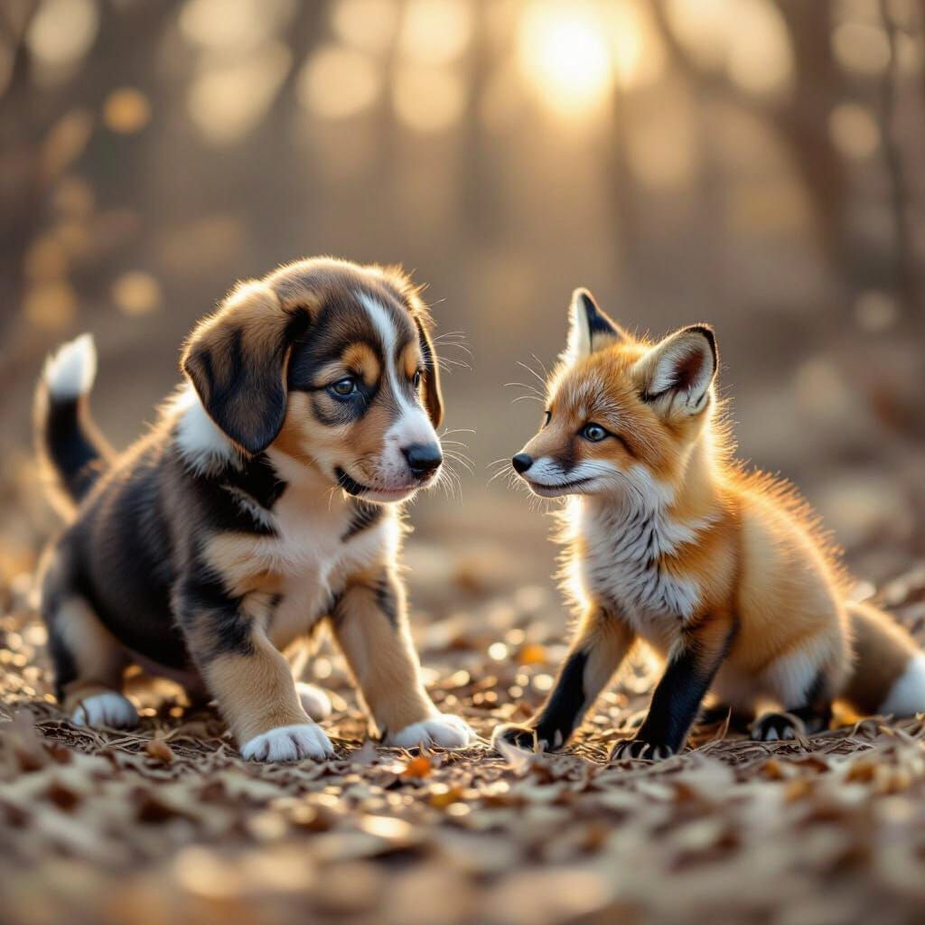Hound Puppy and Fox Kit Playing Tag