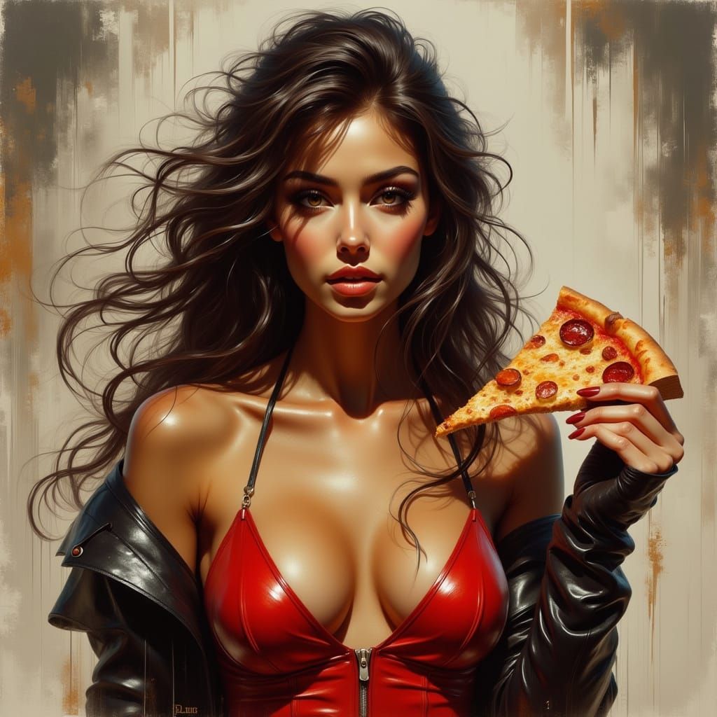 Biker Model in Red Negligee with Ducati, Comic Art