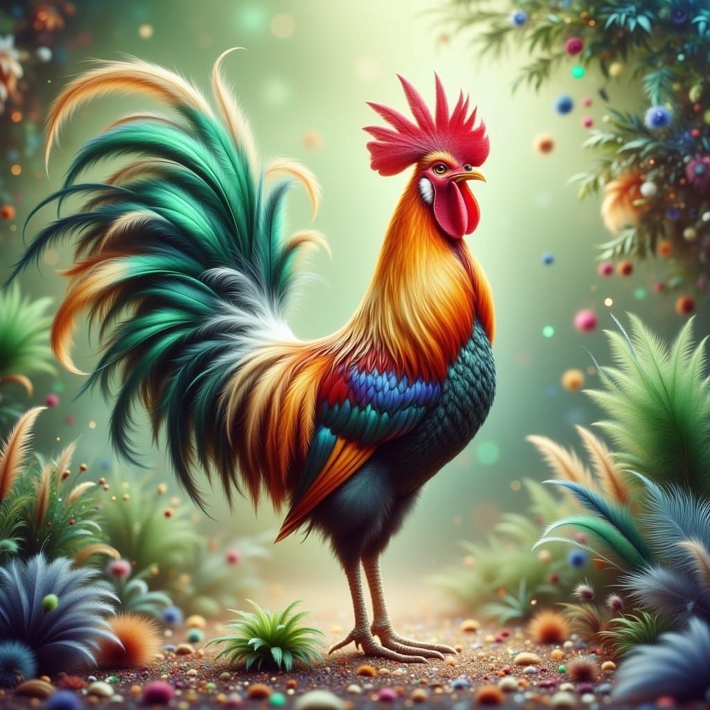 Whimsical Rooster with Iridescent Plume, Digital Art