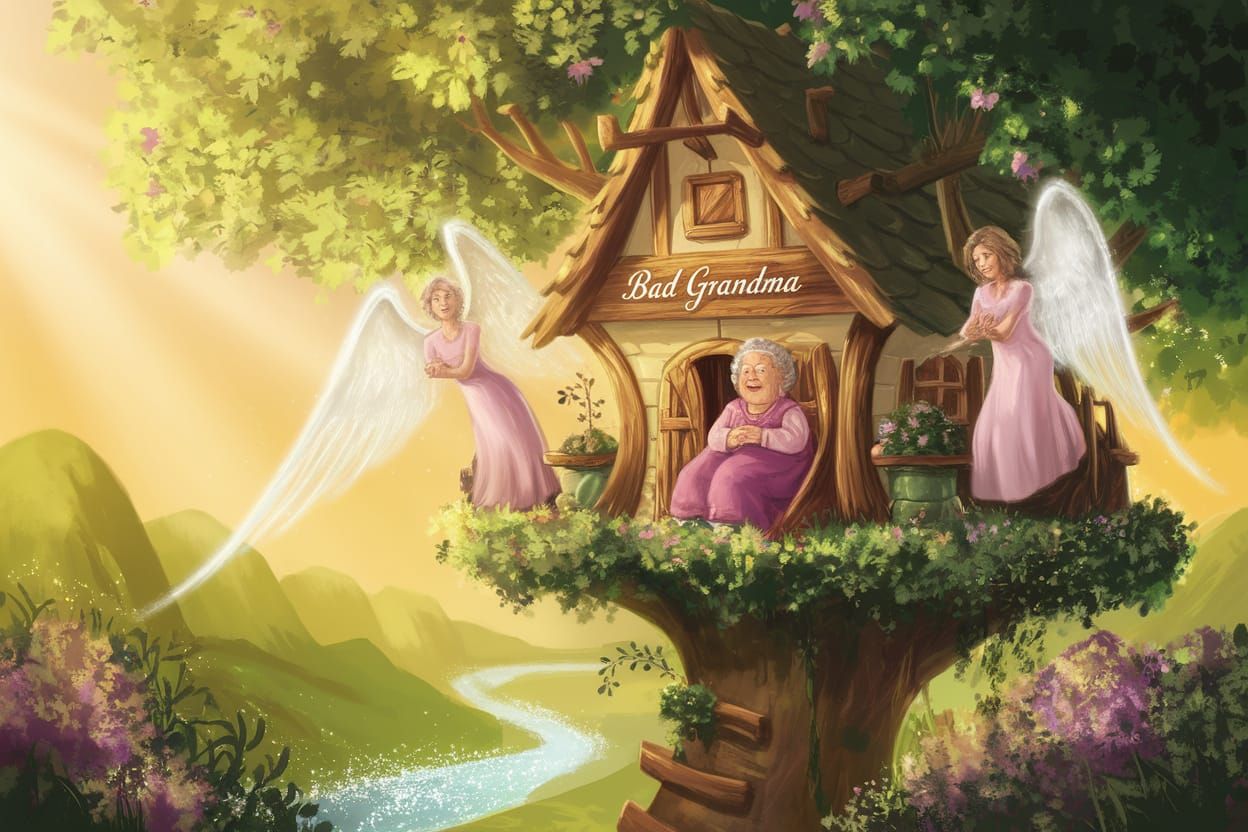 Delighted Bad Grandma Surrounded by Angels in Vibrant Treeho...