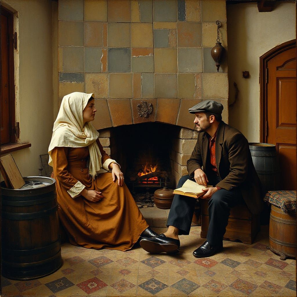 Quiet Conversation in Rustic Dutch Home, Impressionistic Sty...