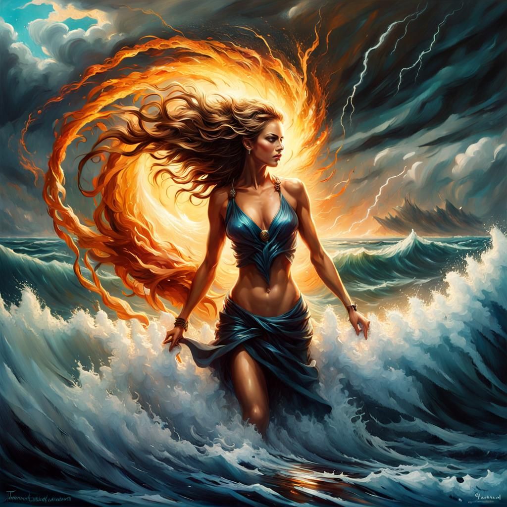 Powerful Water Elemental on Stormy Shore as Impasto Painting