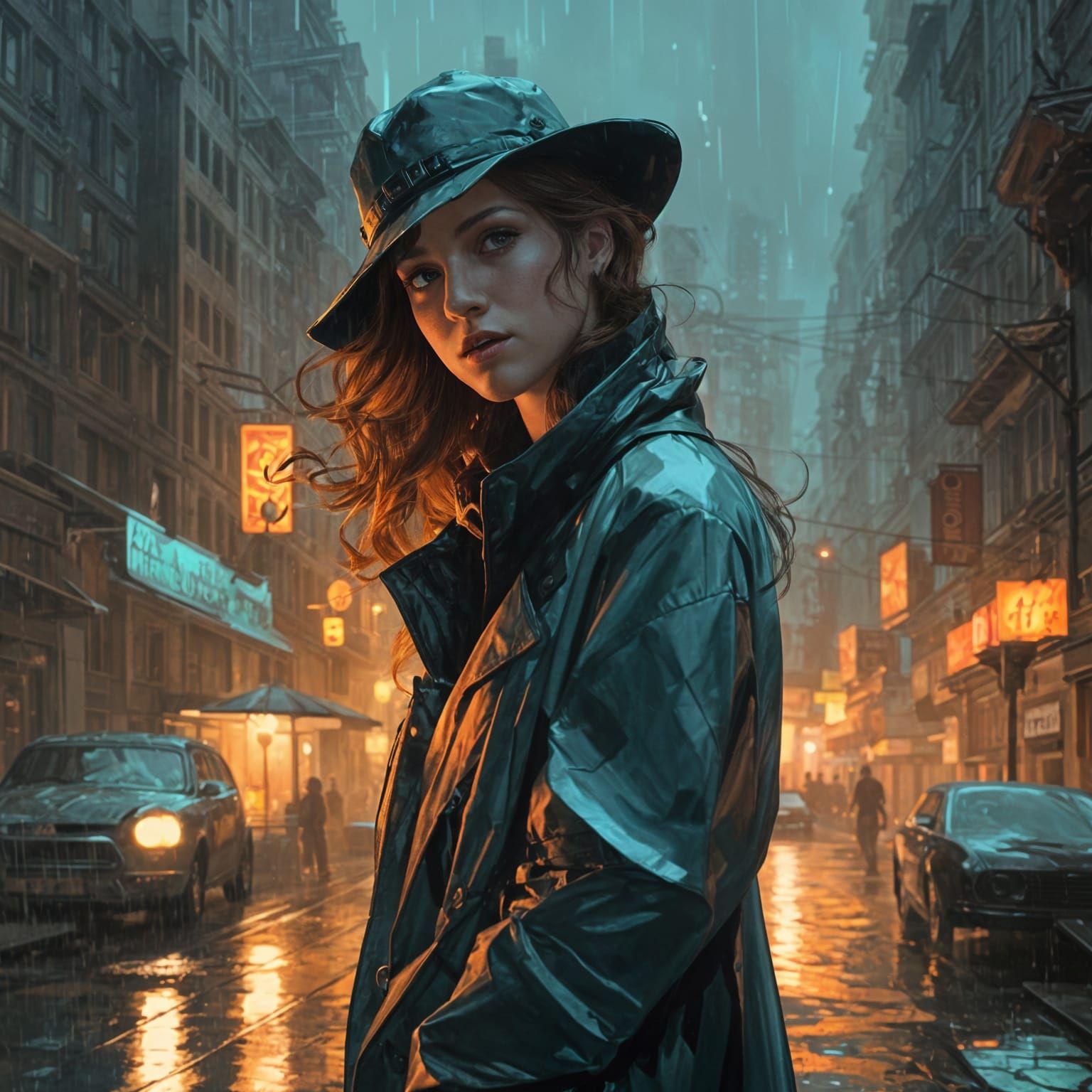 Anna Kendrick Film Noir Detective in Rainy Urban Downpour