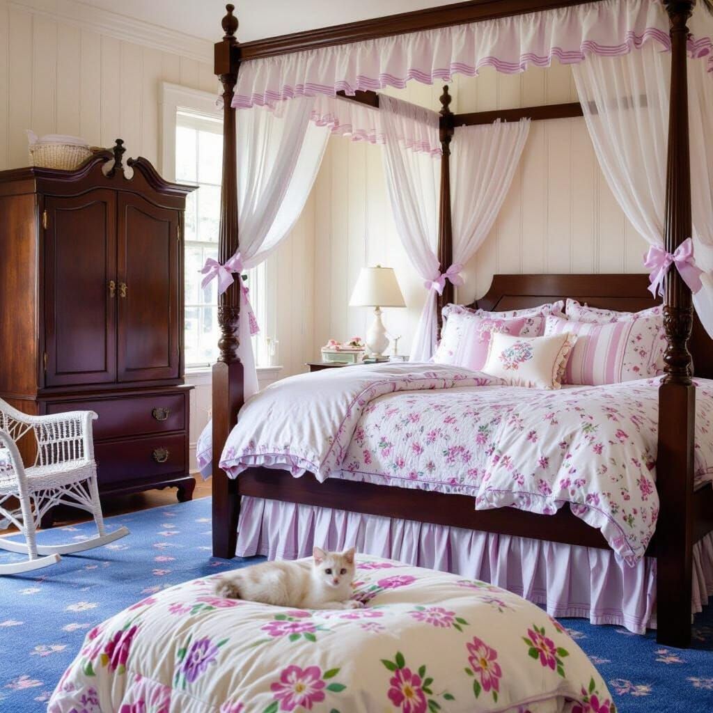 Dreamy Girls Bedroom with Four-Poster Bed in Golden Hour Lig...