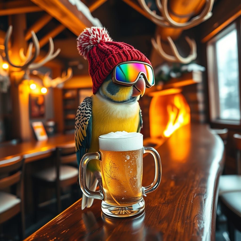 Whimsical Parakeet in Cozy Winter Scene