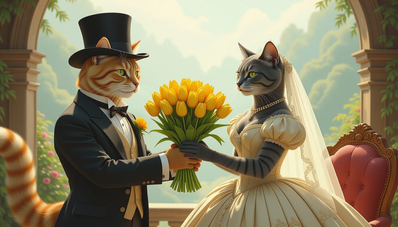 Victorian Cats Exchanging Tulips in Digital Painting Style