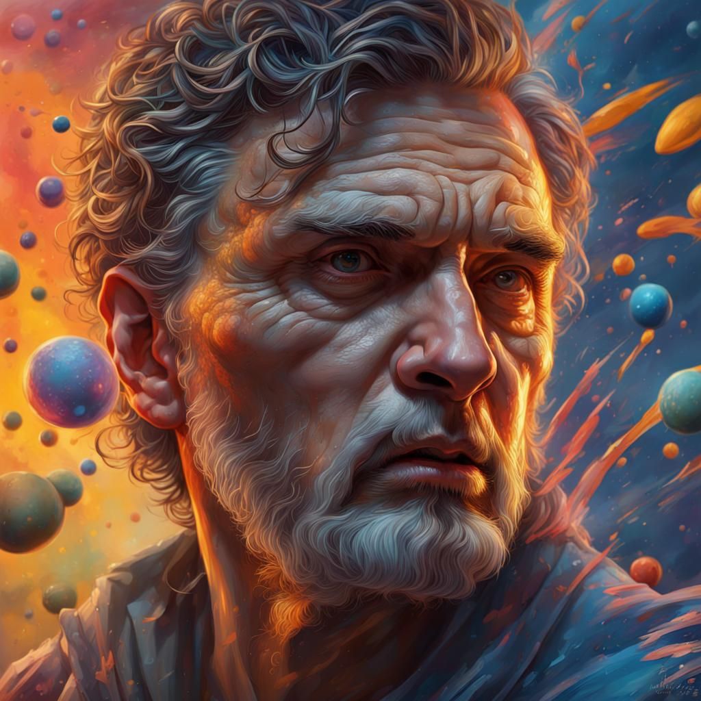 Man Gazing at Universe in Hyperrealistic Splash Art