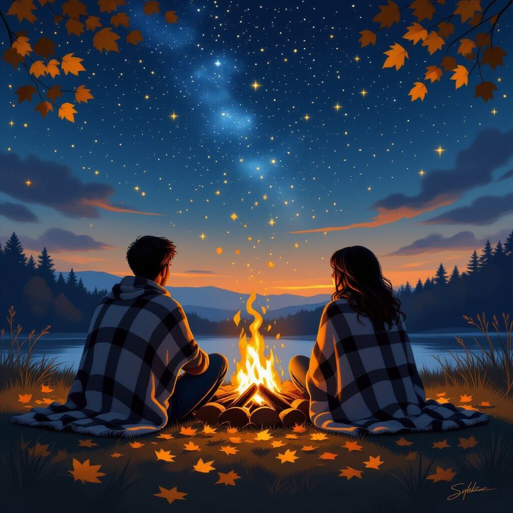 Romantic Bonfire Under Starry Sky, Stylized Realism