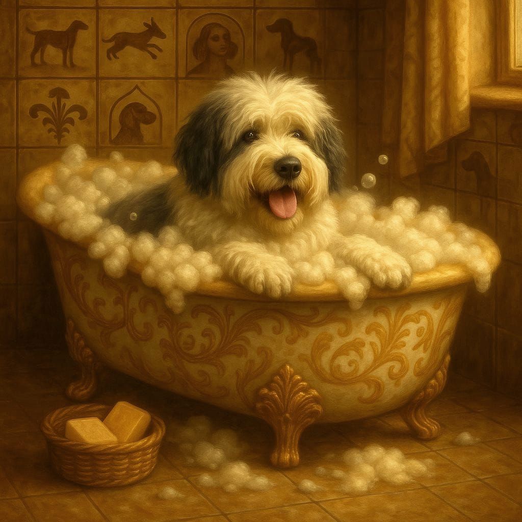Dog's Bath Time: Old English Sheepdog in Clawfoot Tub