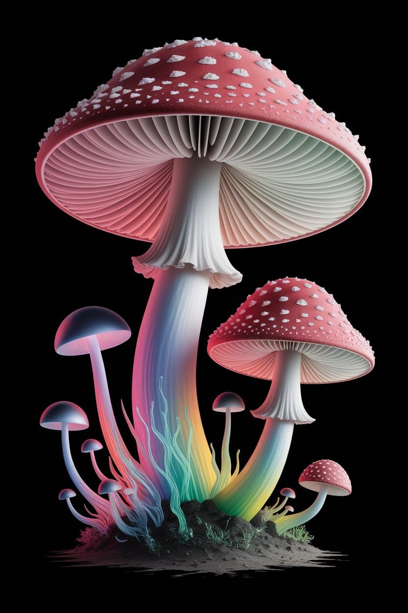 Vibrant Red Mushrooms Erupt in Radiant Glowing Splendor