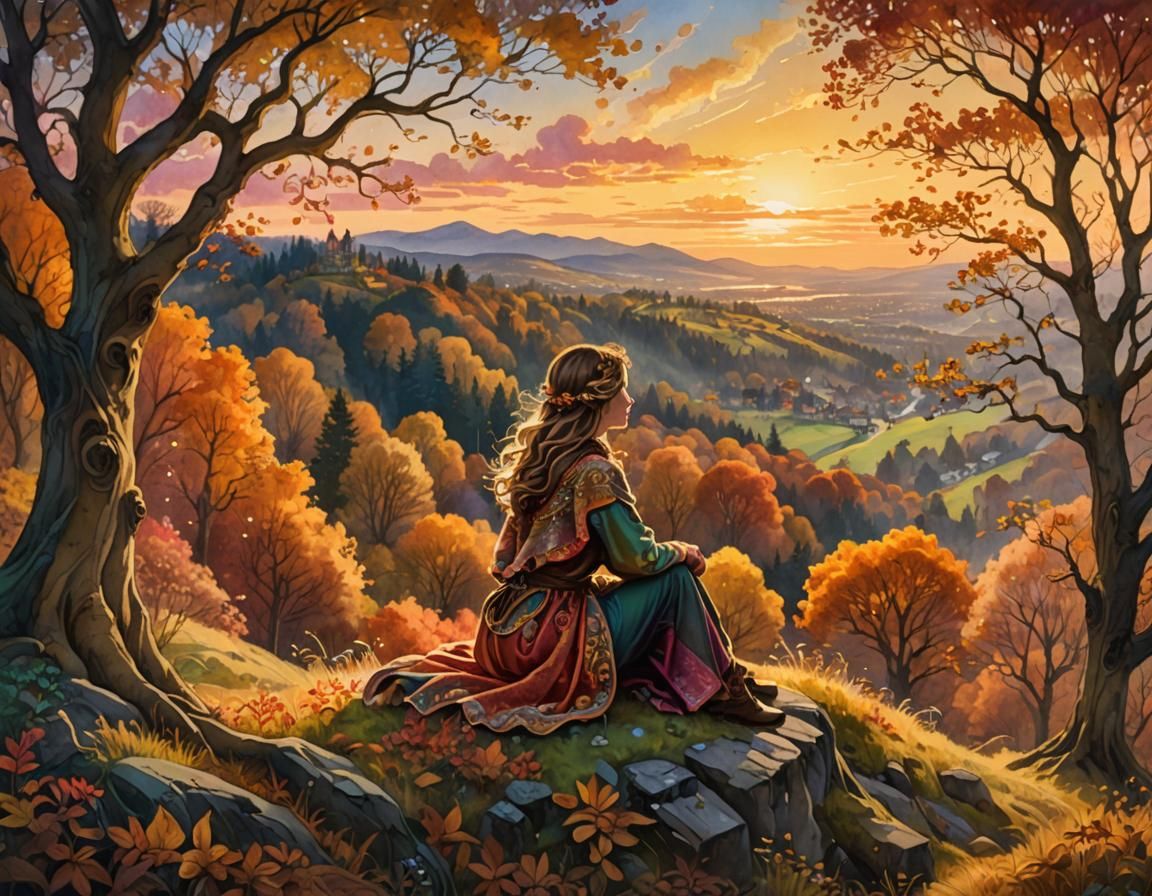 Autumnal Woman in Digital Watercolor Illustration