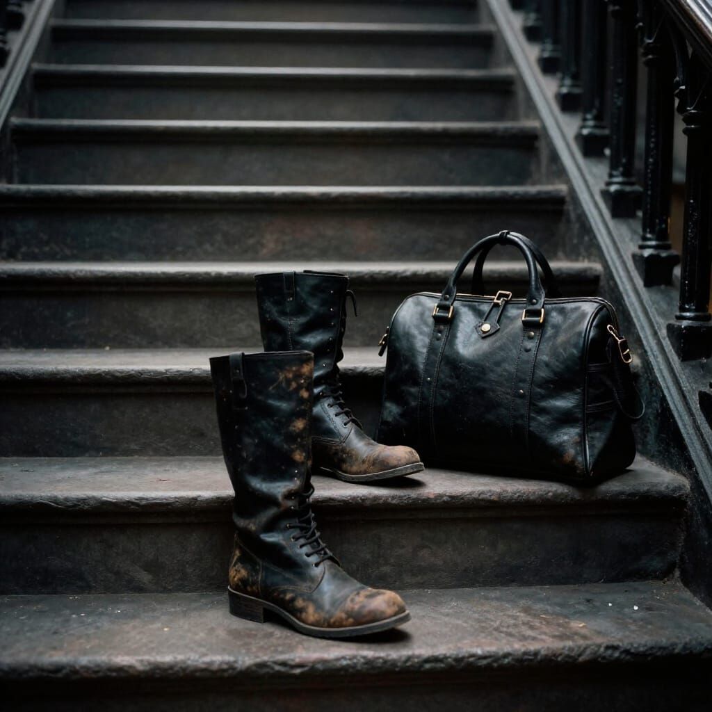 Victorian Boots and Bag on Gothic Stairs