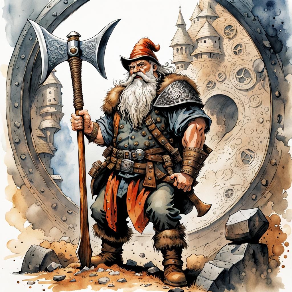 Detailed Dwarf Axe Maker in Watercolor Line Art
