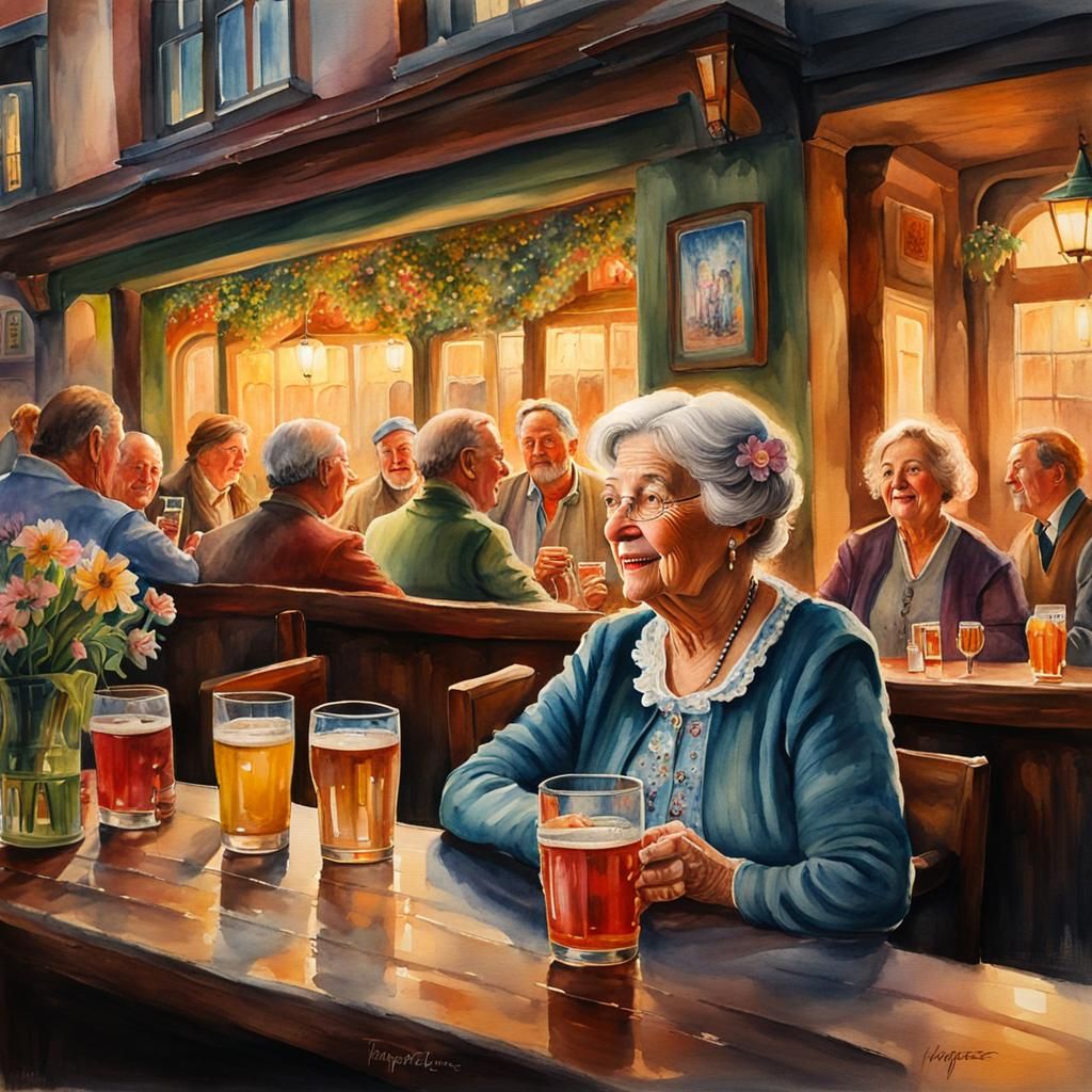 Waterhouse-Inspired Watercolor of a German Granny in Pub