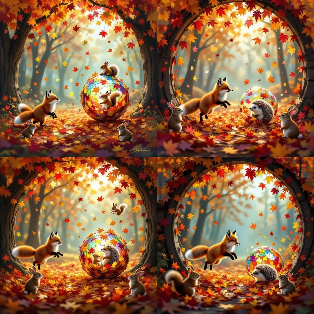 Dreamlike Autumn World with Stained Glass Leaves and Magical...