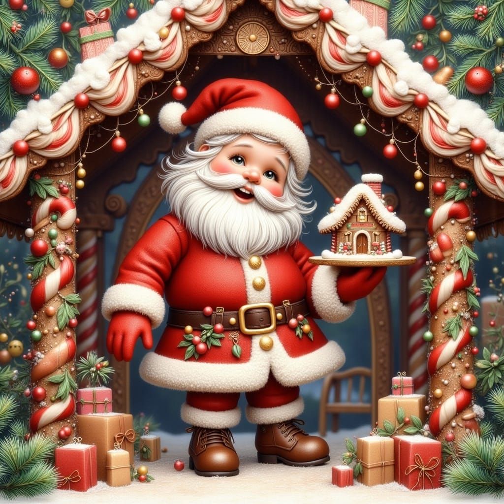 Jolly Santa Claus in a Whimsical Gingerbread House Scene
