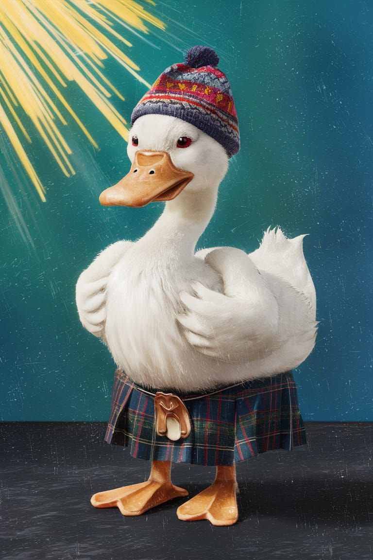 Anthropomorphic Duck in Kilt with Sunrays, Acrylic Art