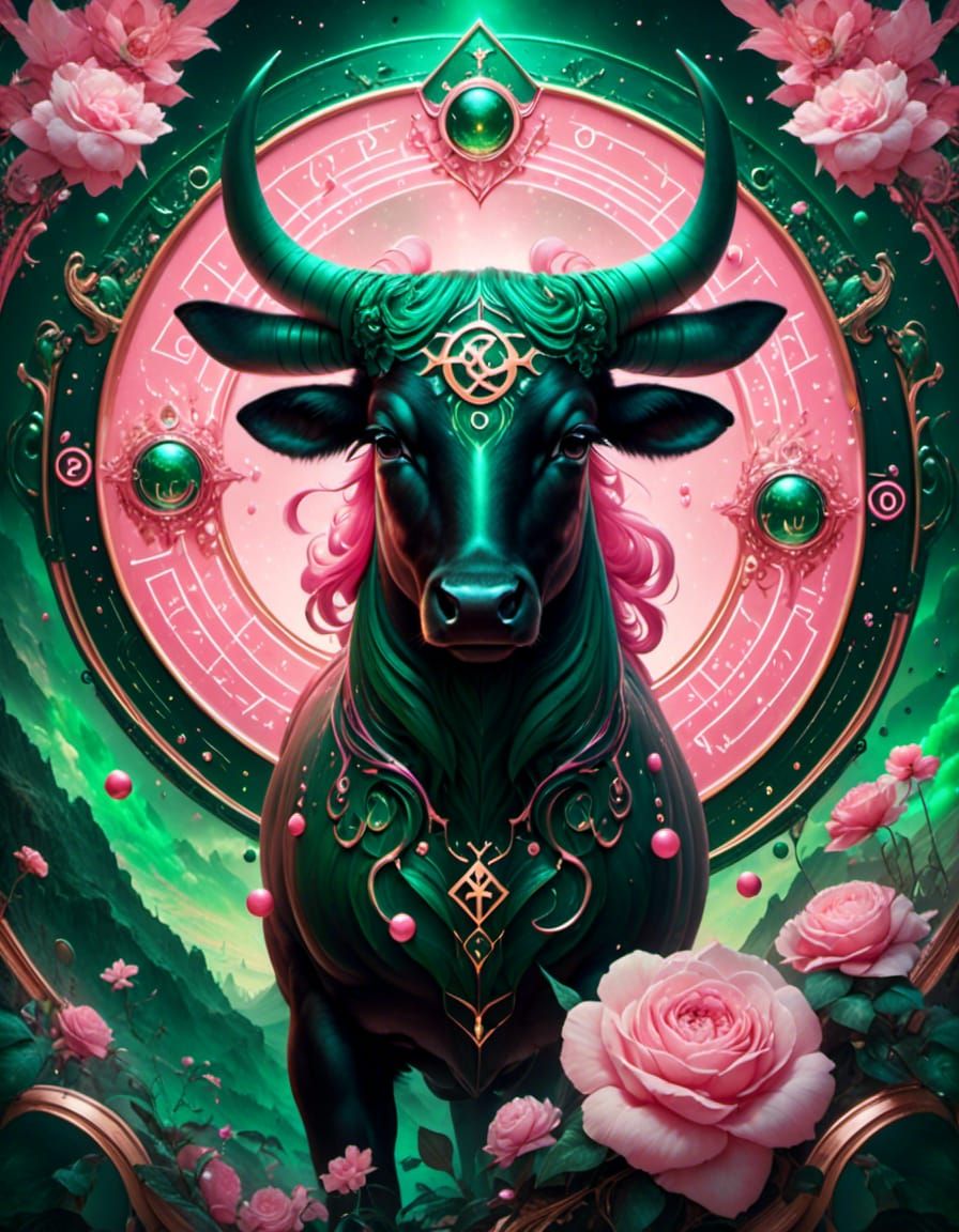 Zodiac sign, Taurus, Tarot, facing camera,  Black, Bubble Gum Pink and Forrest Green complimentary colors <lora:Glowing ...