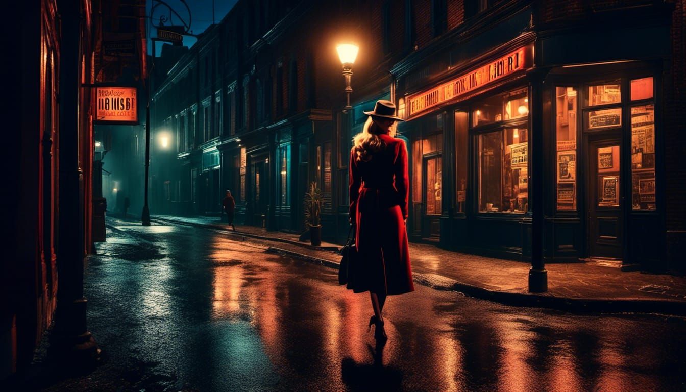Film Noir Woman in City Street Scene