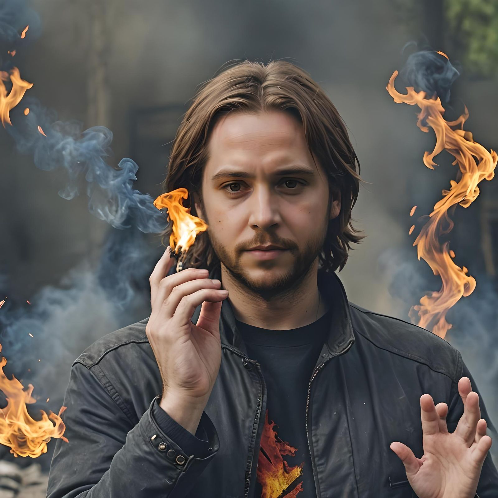 Intense Fire Starter Portrait in Hazy Atmosphere