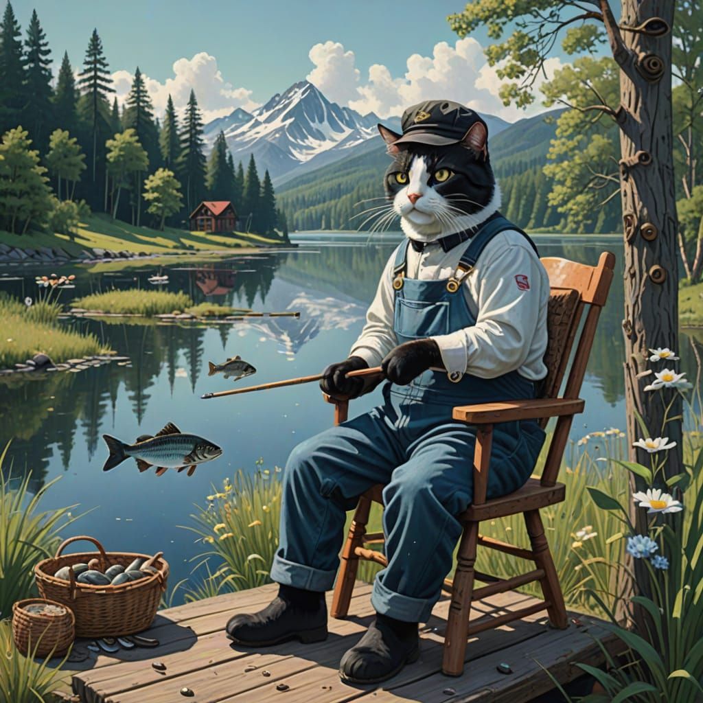 Whimsical Cat Fisherman on a Serene Lake Shore