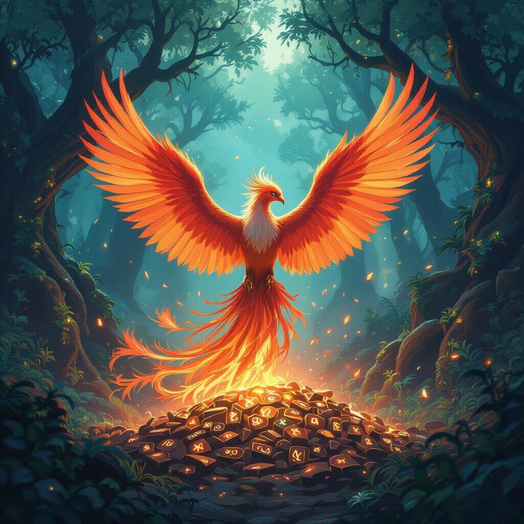 Majestic Phoenix Rises From Glowing Runes in Mystical Forest