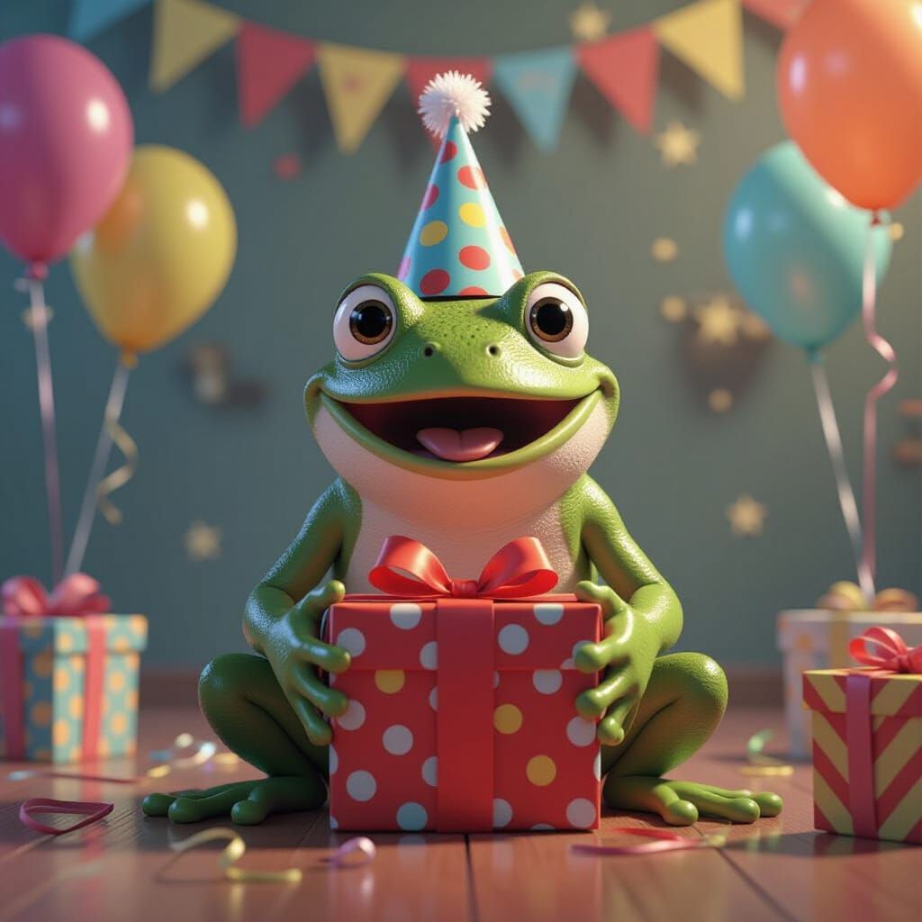 Surprised Frog Opens Gift in Pixar Style