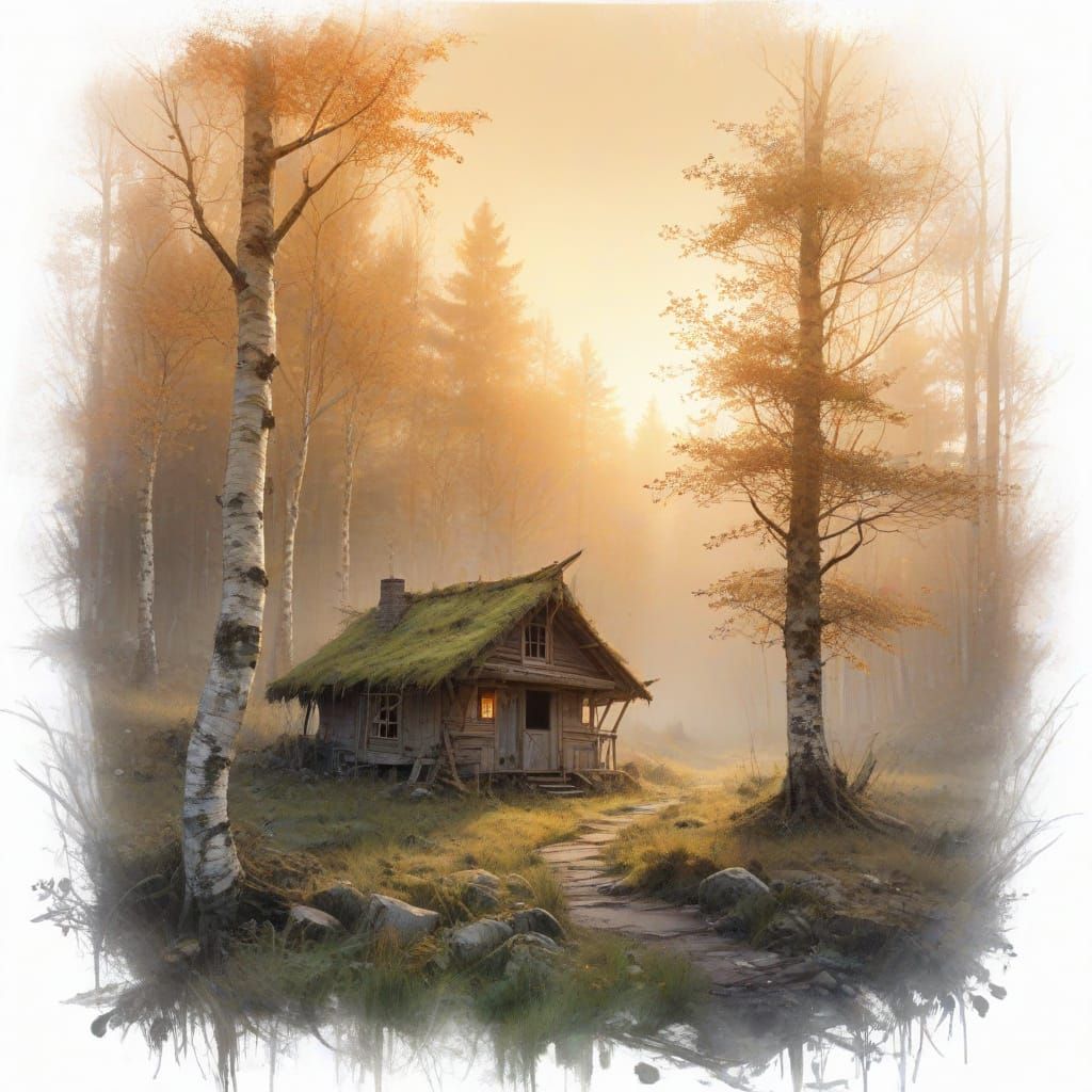 Dilapidated Forest Hut in Grainy Dusk Valley