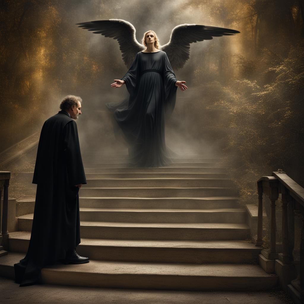Mystical Angel Appears Before Man on Stairs